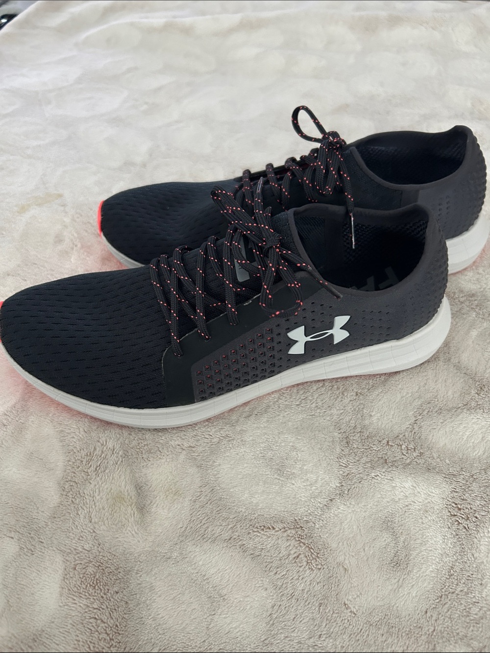 Under Armour Womens Black Athletic Shoes with White Logo and Pink Accents